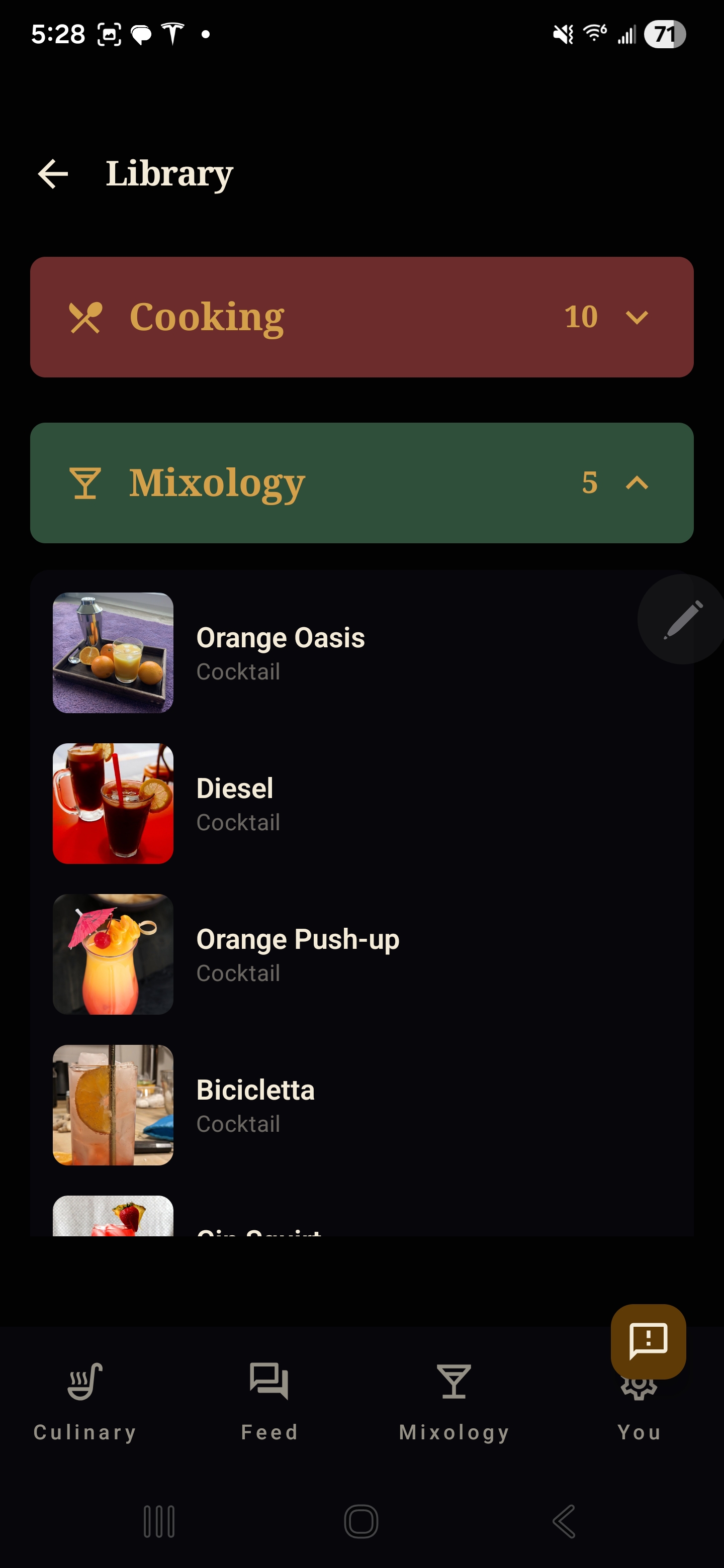 Library view of saved manuscript drinks