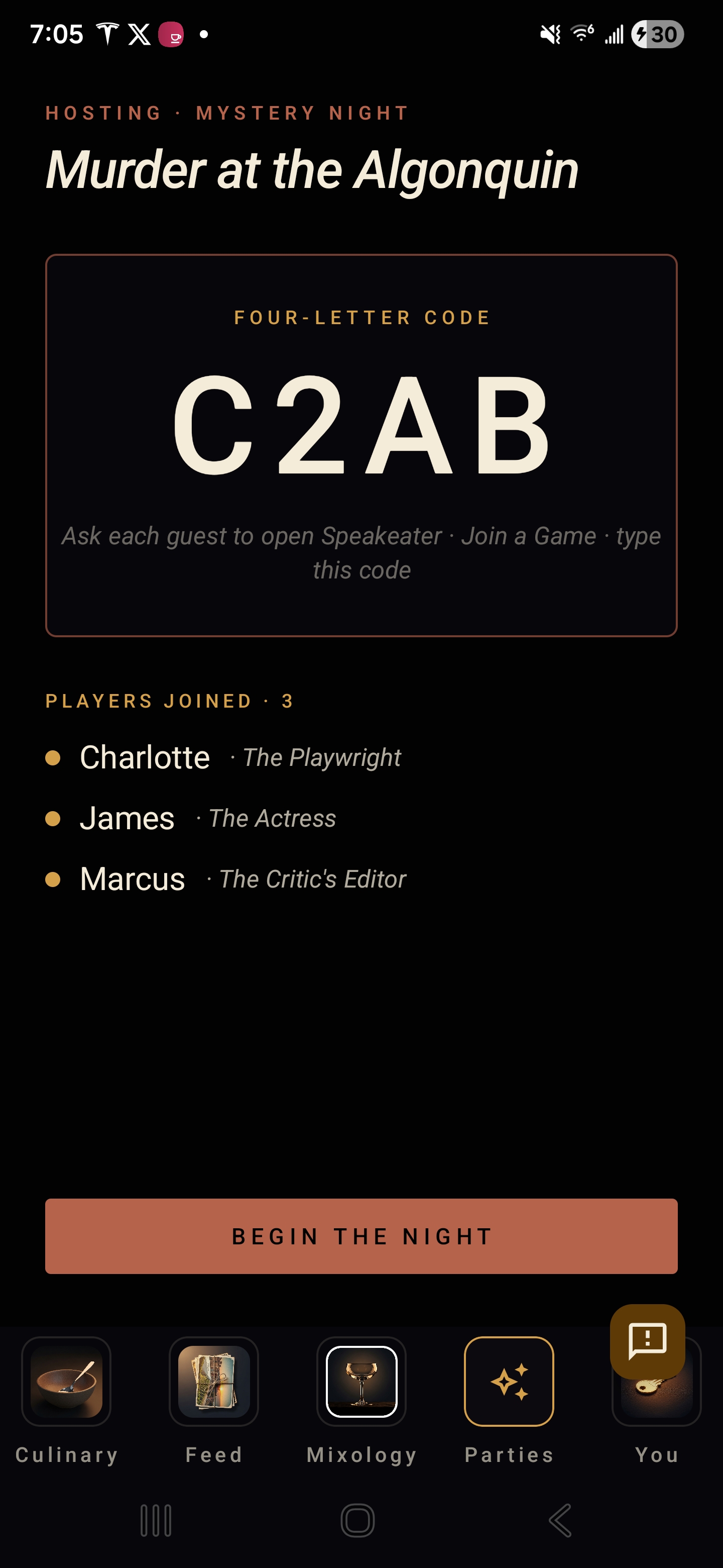 Host code screen with three guests joined.